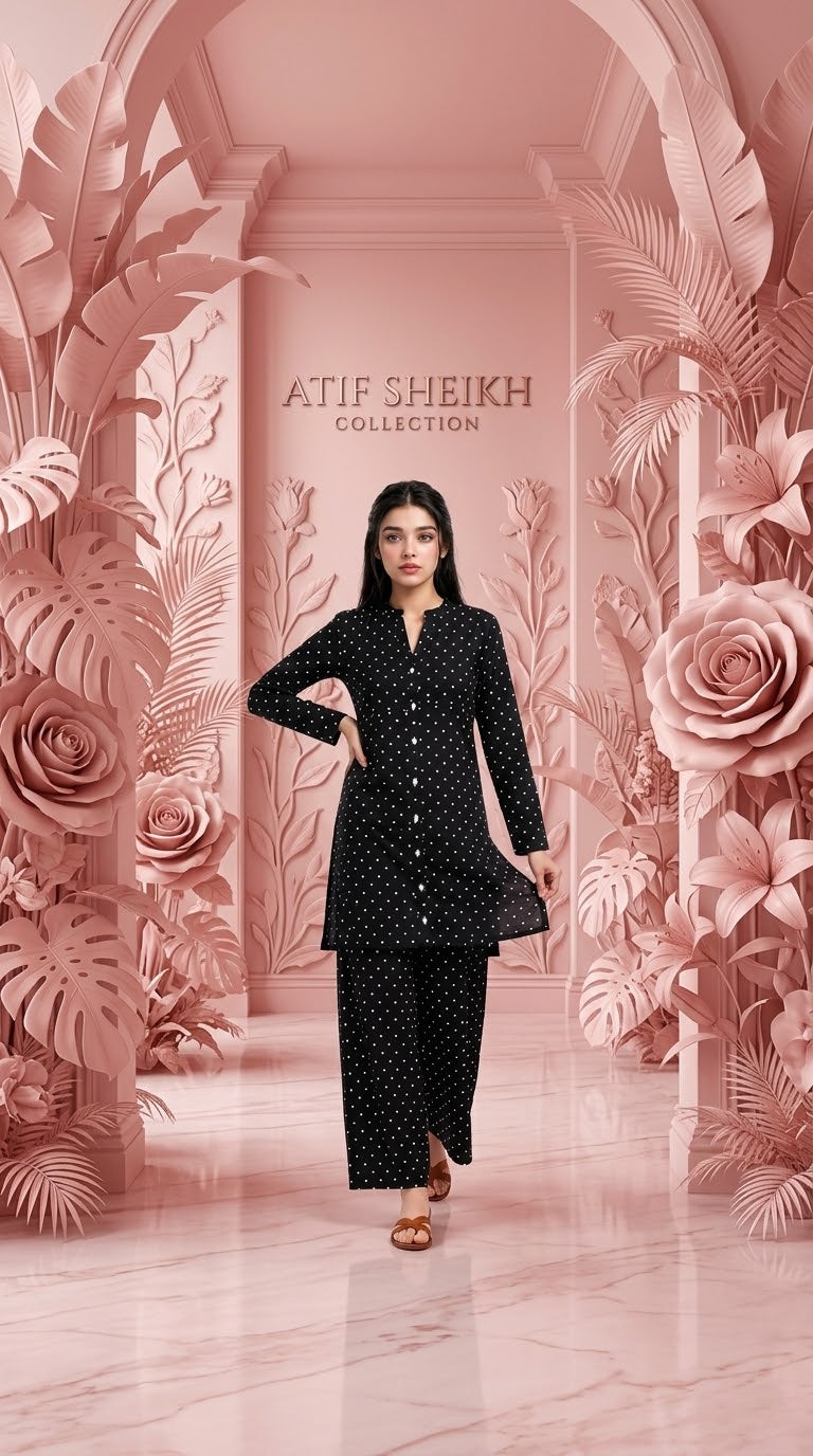 Winter cotton polka dot short co ord set 2 pc blk polka