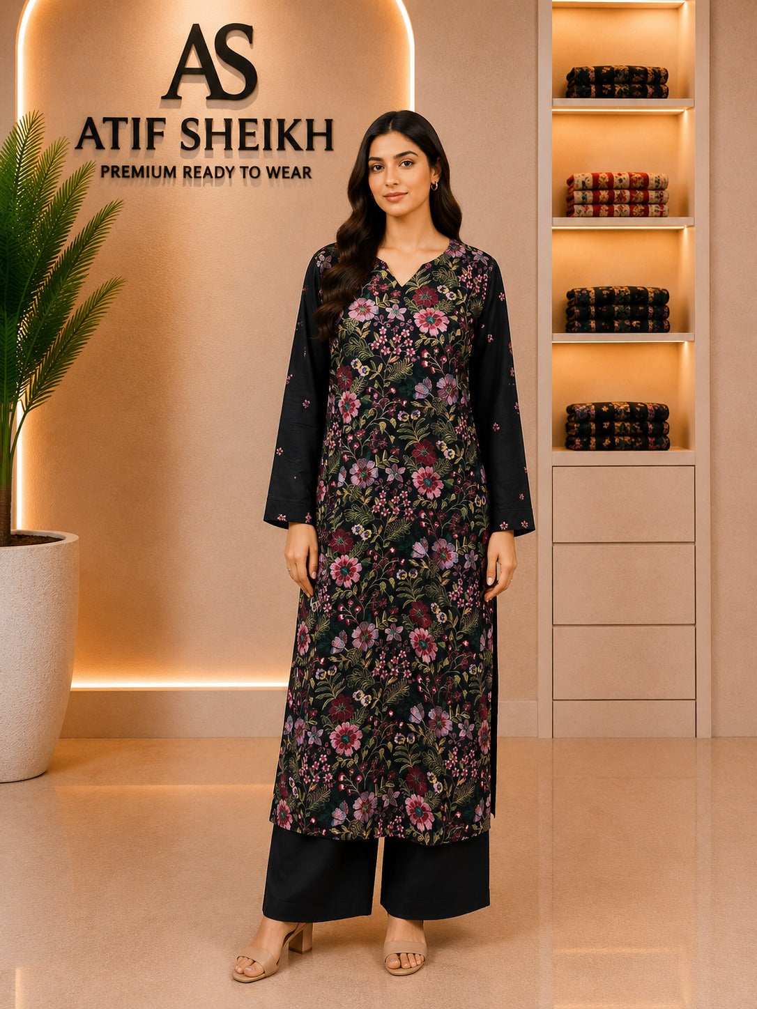 Karandi embroidered stiched long shirt trouser 2pc blkflr