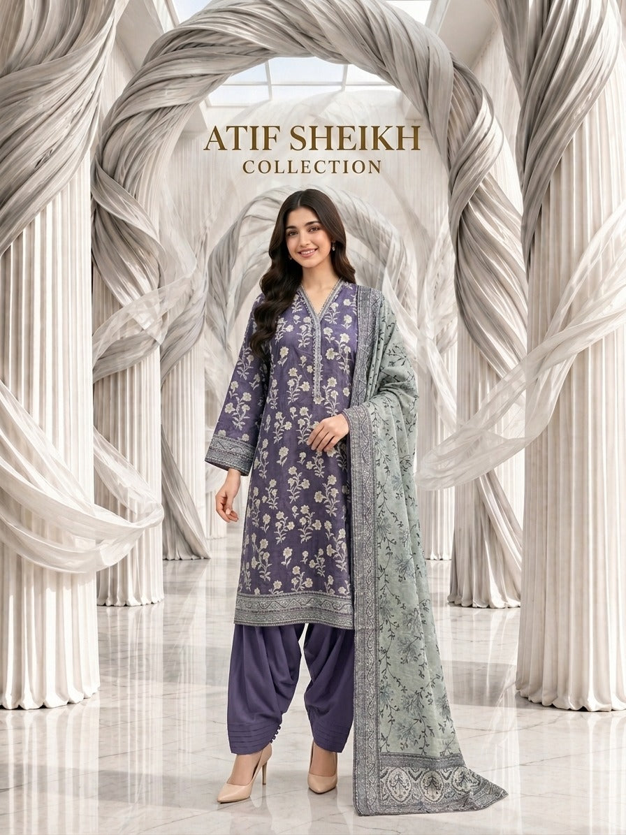 Binsaeed zari khaddar stiched shalwar kameez 3pc volet