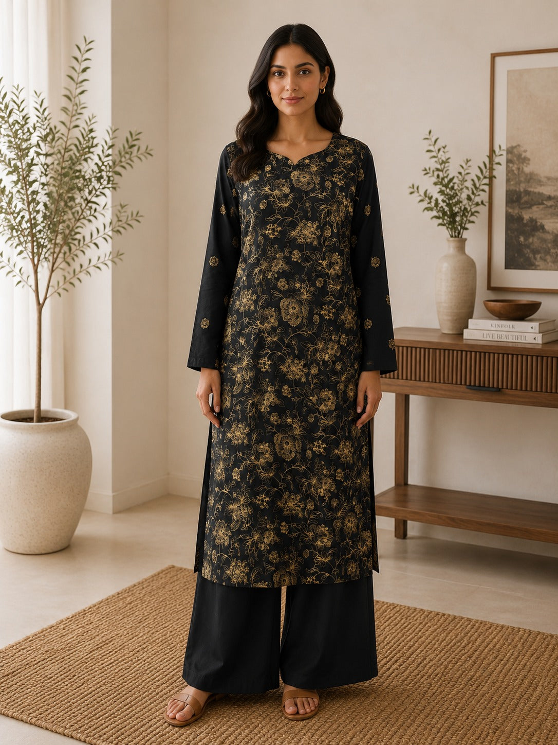 Karandi embroidered stiched long shirt trouser 2pc blkgld
