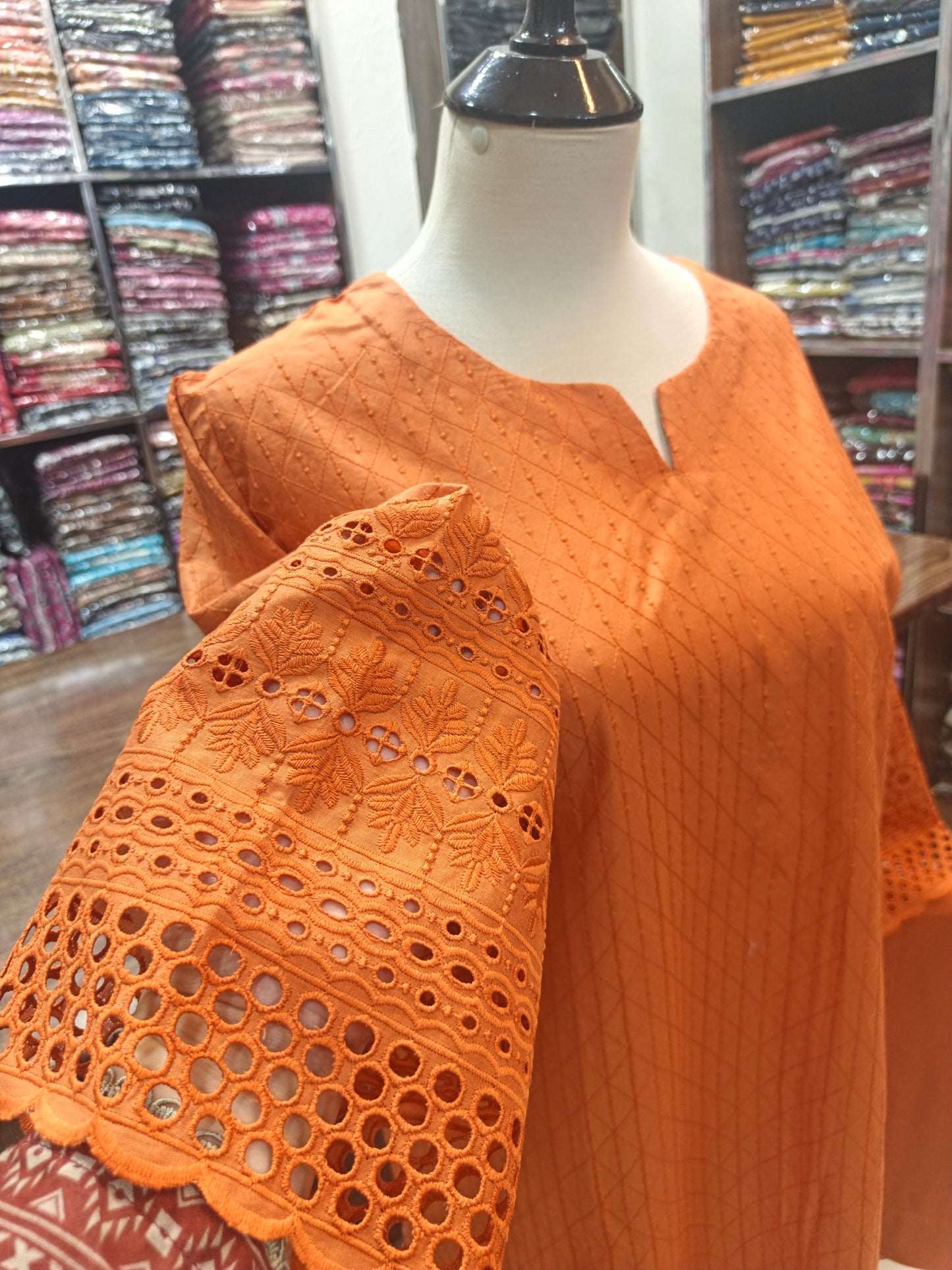 Lawn chikenkari embroidered stiched 2pc orng