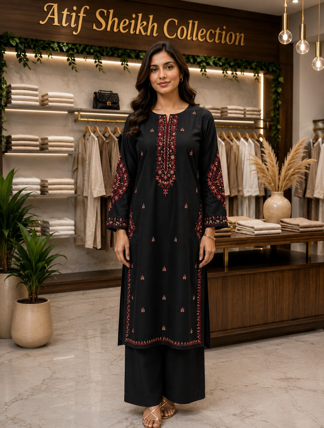 Karandi embroidered stiched shirt trouser 2 pc blk