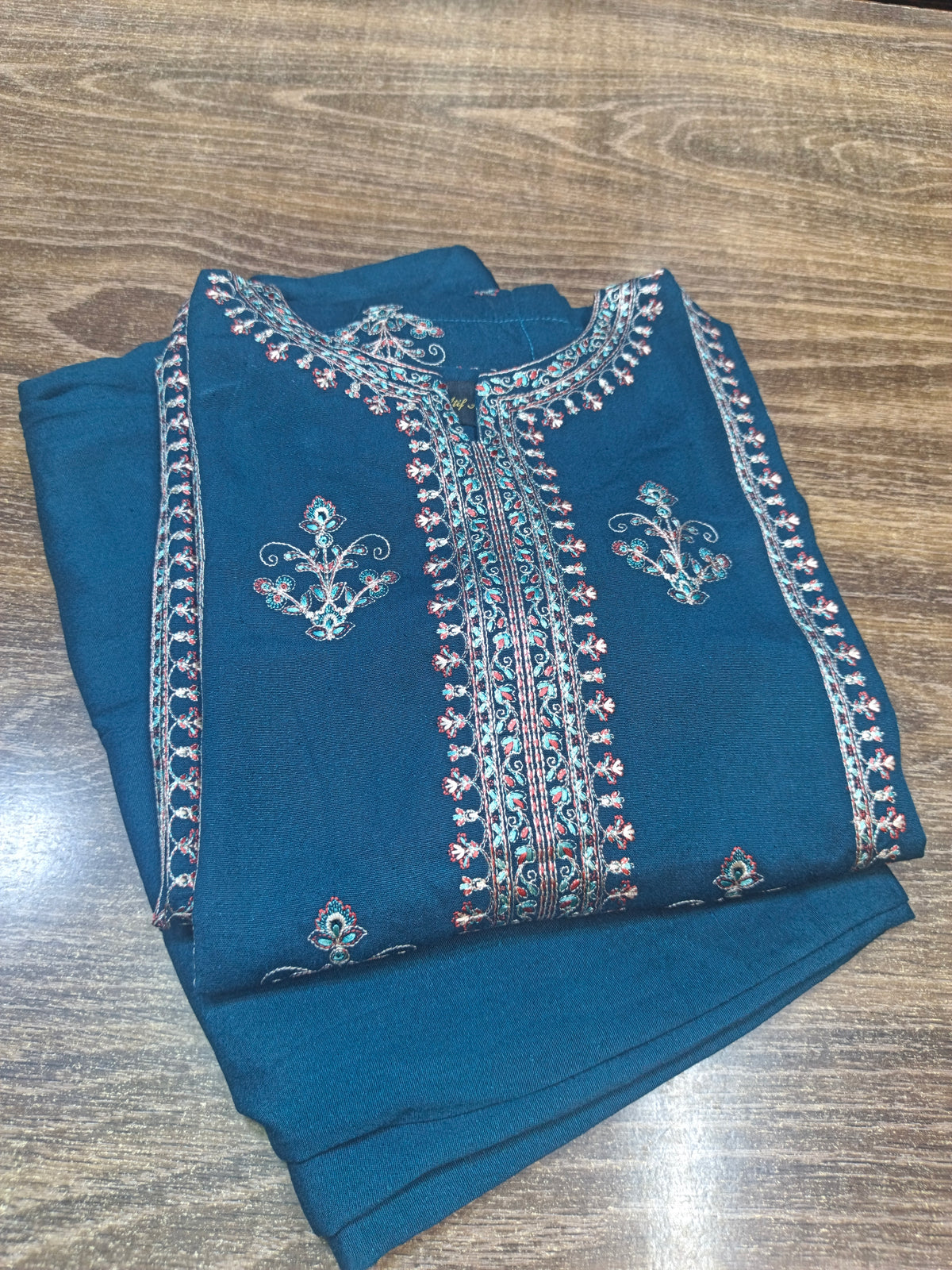 Karandi embroidered stiched shirt trouser 3pc teel