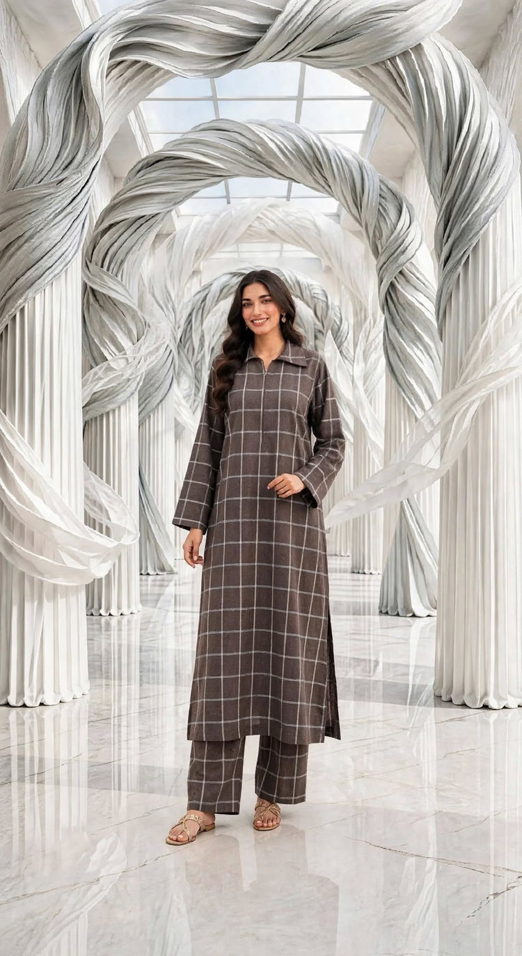 woolen check long shirt trouser 2pc