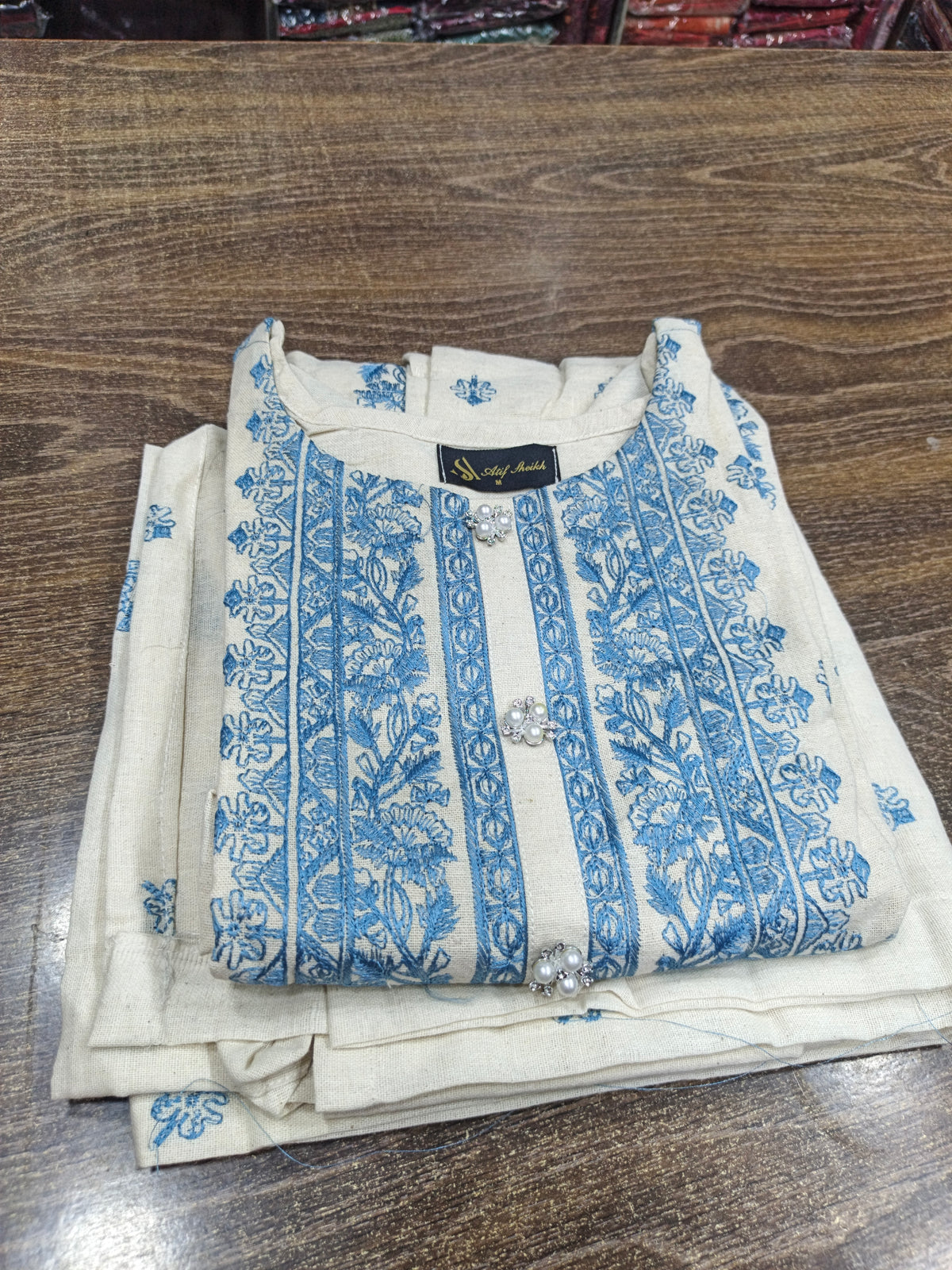 Khaddar embroidered stiched long shirt trouser 3pc bluG