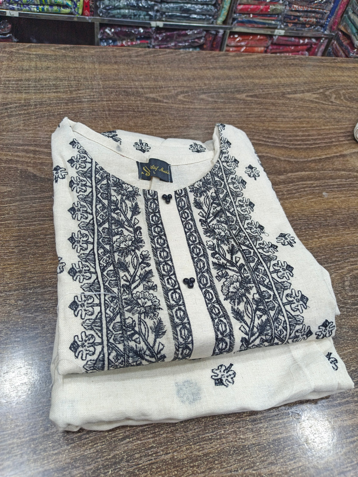 Khaddar embroidered stiched long shirt trouser 3pc blkG