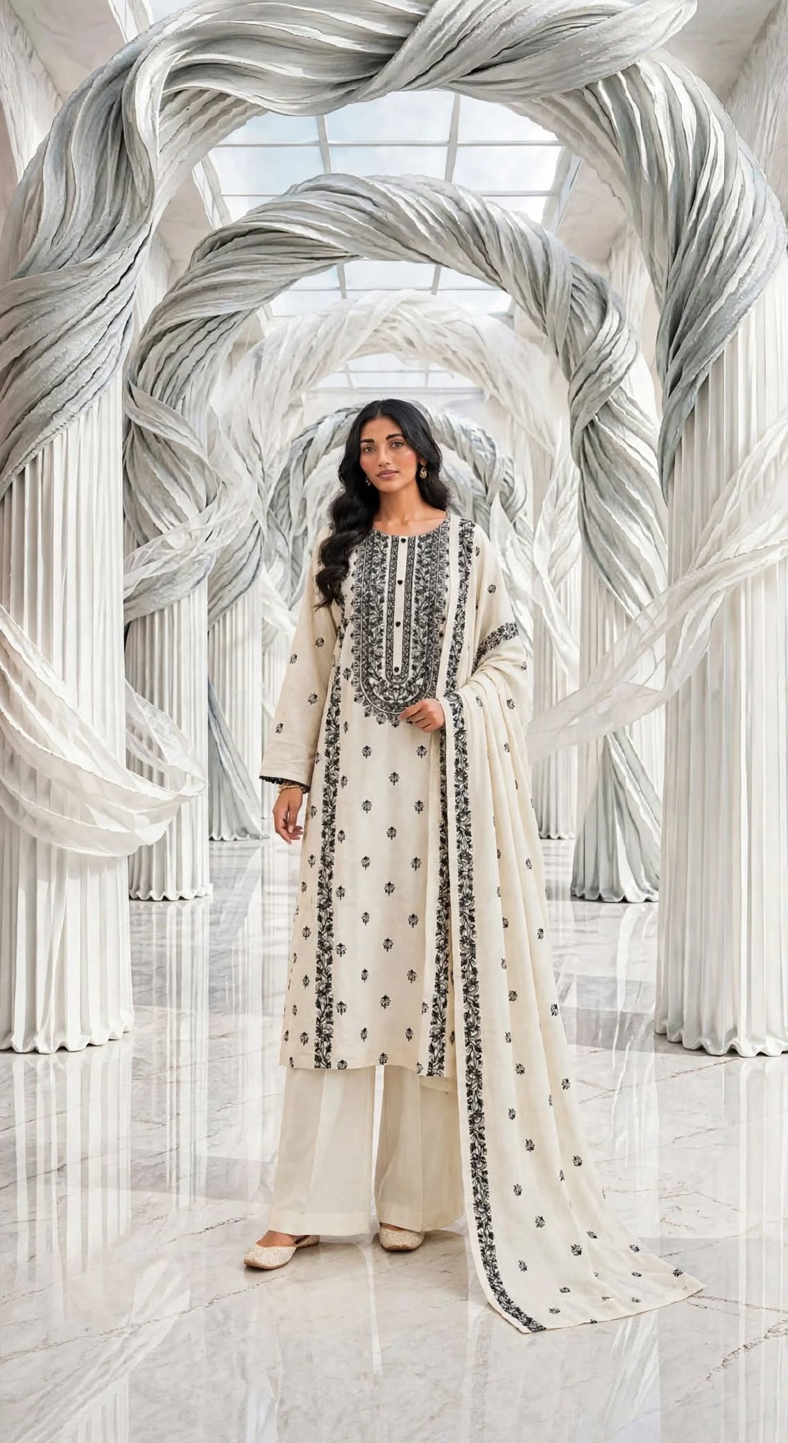 Khaddar embroidered stiched long shirt trouser 3pc blkG