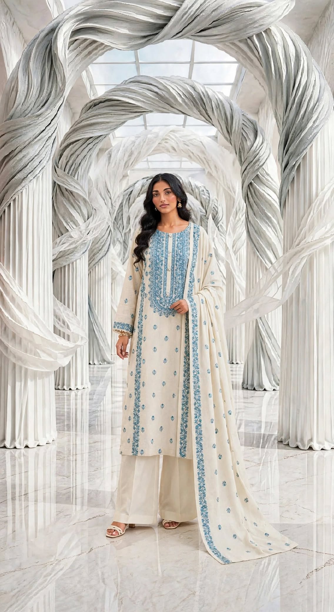 Khaddar embroidered stiched long shirt trouser 3pc bluG