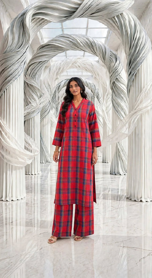 Laila woolen stiched long shirt trouser 2pc redchk