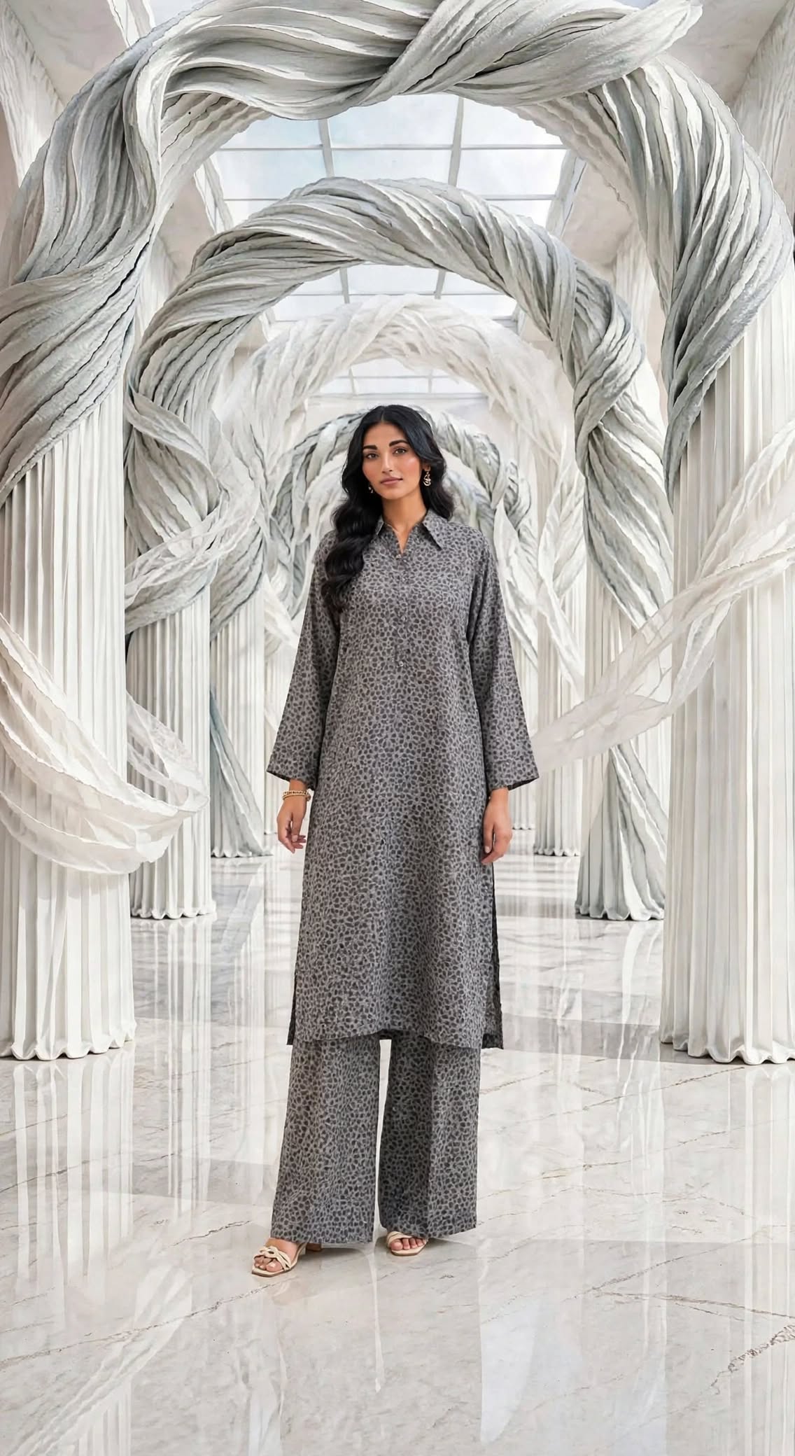 Laila woolen stiched long shirt trouser 2pc gryleap