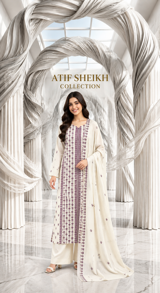 khaddar embroidered stiched long shirt trouser 3pc oprpl