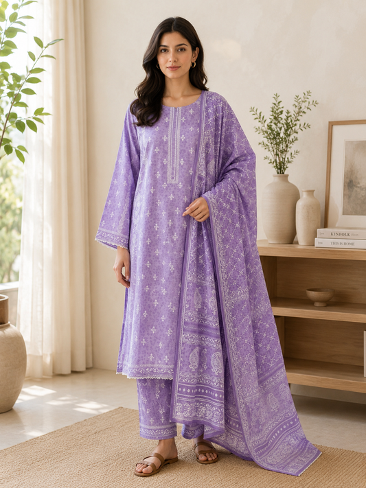 Binsaeed premium lawn stiched shalwar kameez 3 pc lilacwt