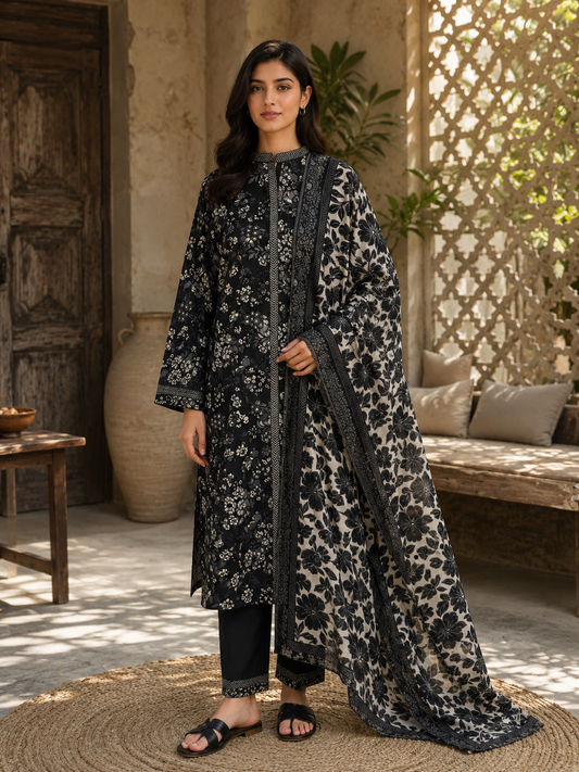Safina  premium lawn stiched shirt trouser 3 pc blkwt