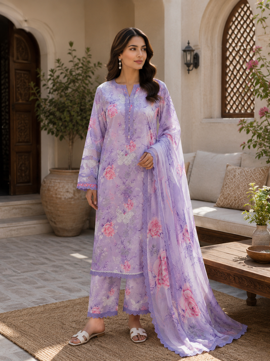 Luxury embroidered stiched maria B M print prpl