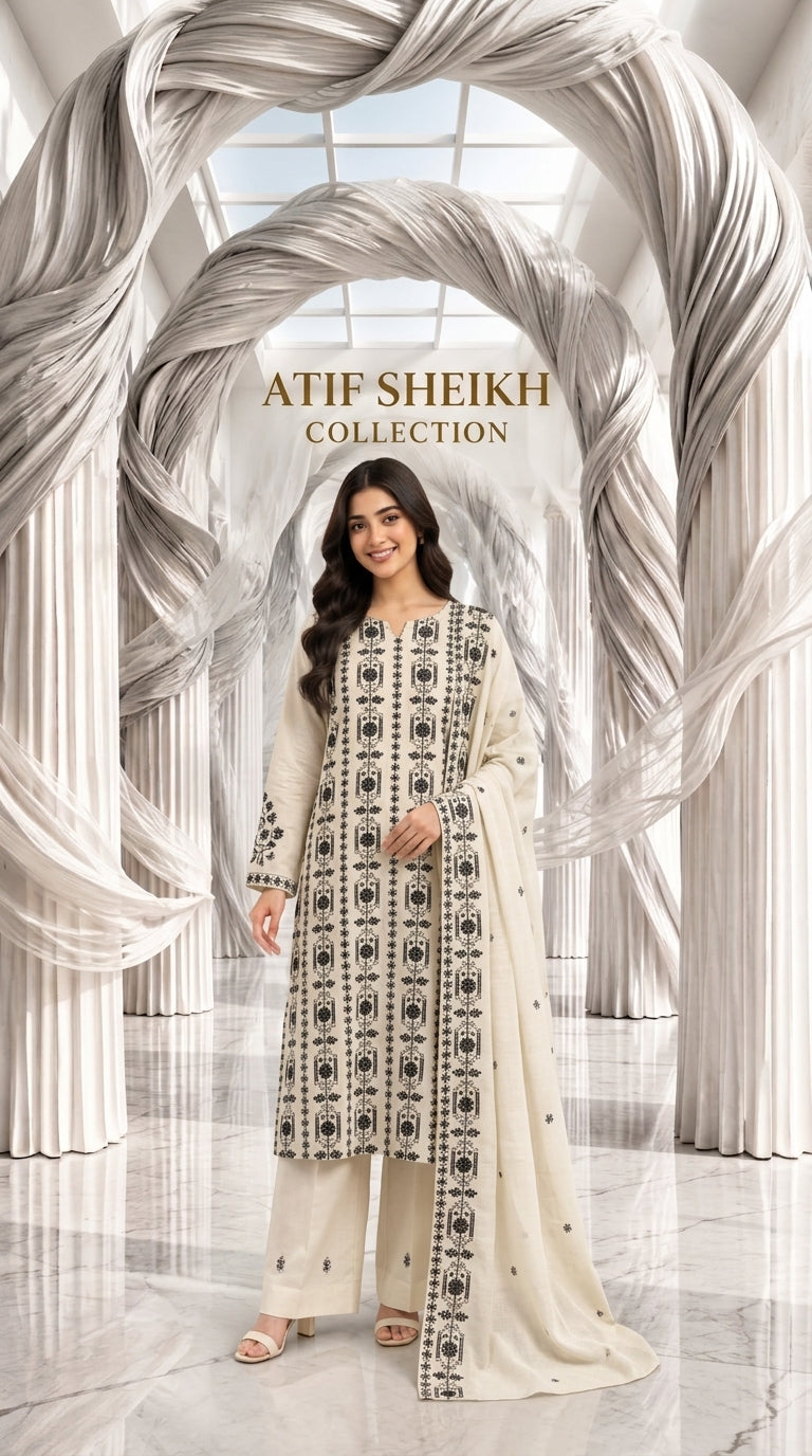 Karandi khaddar embroidered stiched long shirt trouser 3pc oblk