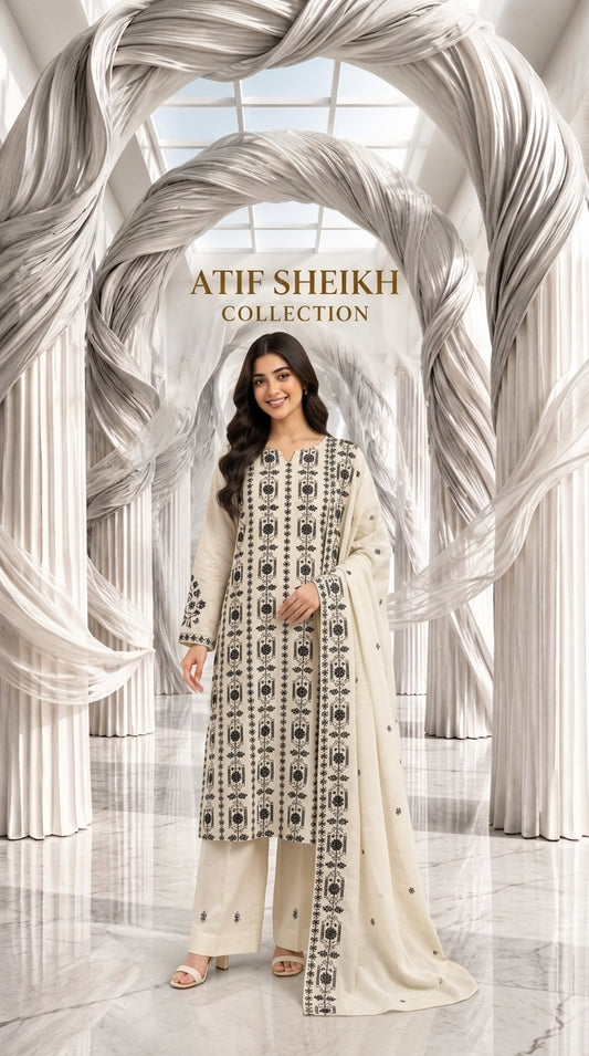 Karandi khaddar embroidered stiched long shirt trouser 3pc oblk