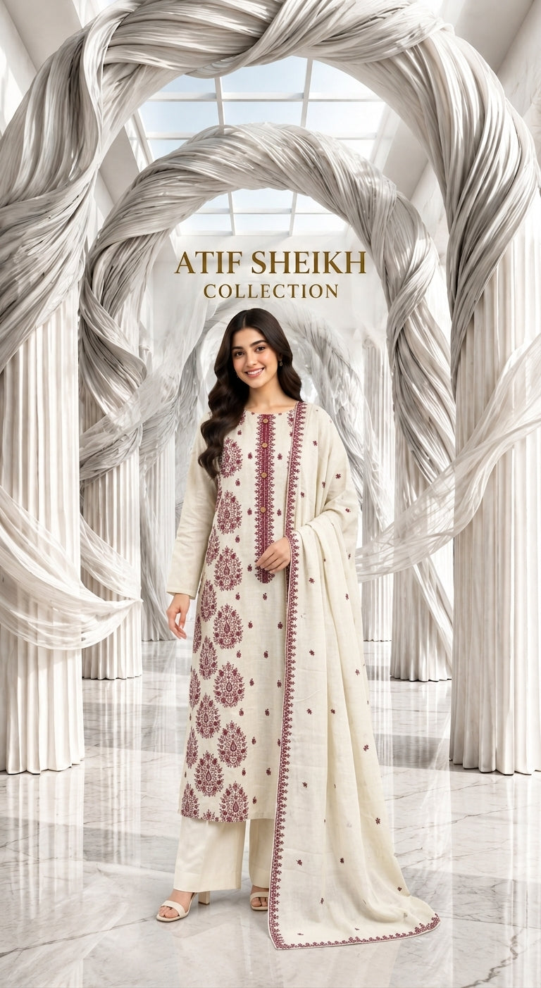 Karandi khaddar embroidered stiched long shirt trouser 3pc omrn