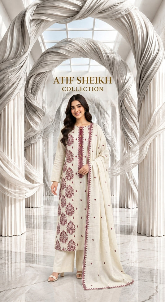 Karandi khaddar embroidered stiched long shirt trouser 3pc omrn