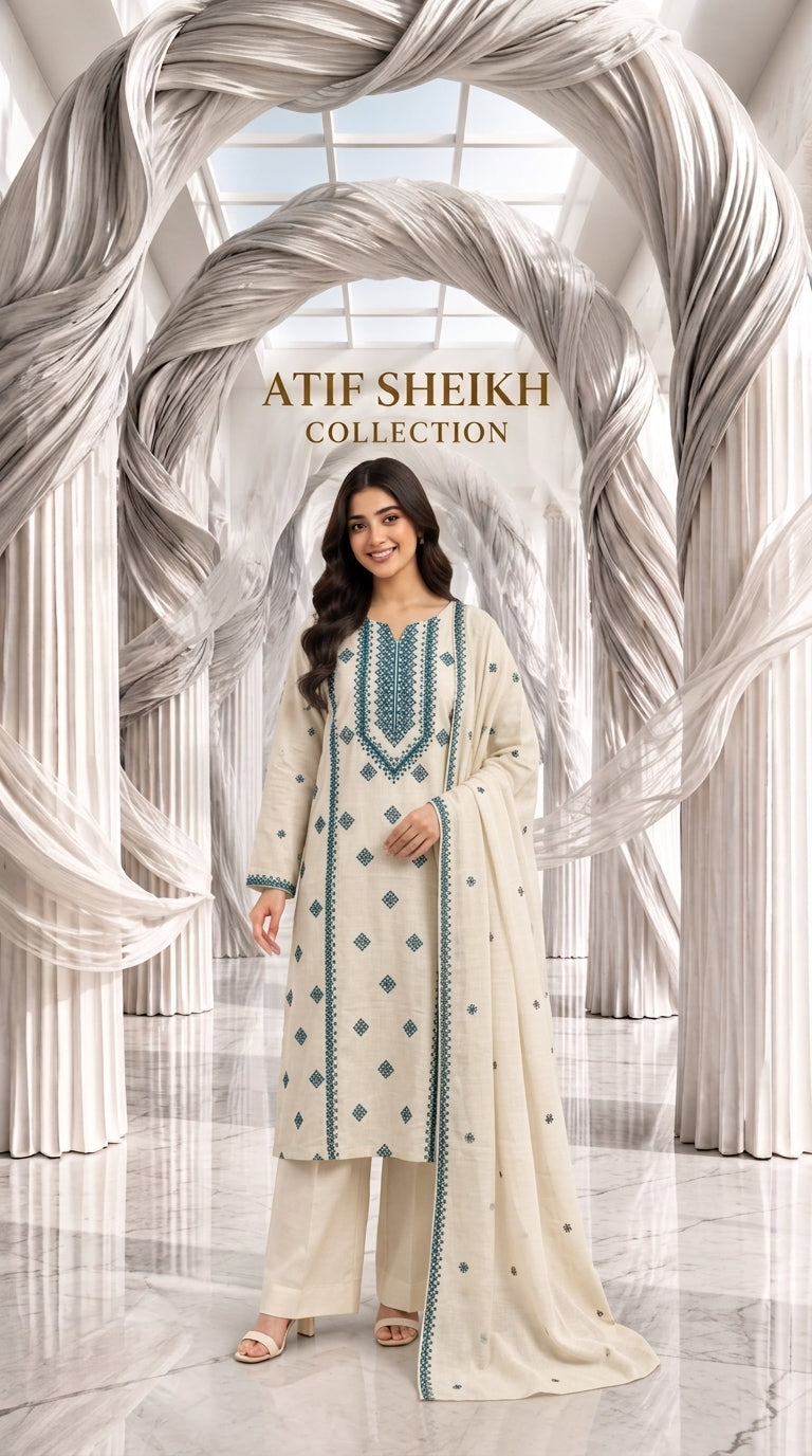 Karandi khaddar embroidered stiched long shirt trouser 3pc cgren