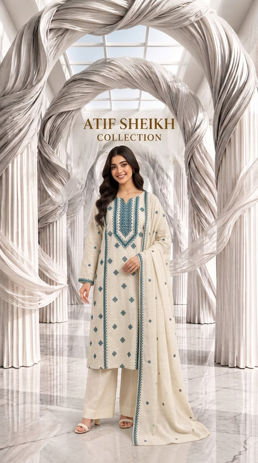 Karandi khaddar embroidered stiched long shirt trouser 3pc cgren