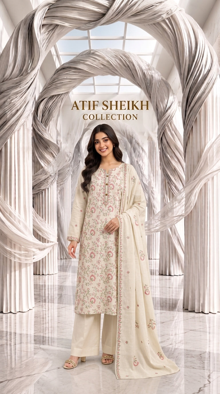 Karandi khaddar embroidered stiched long shirt trouser 3pc opech