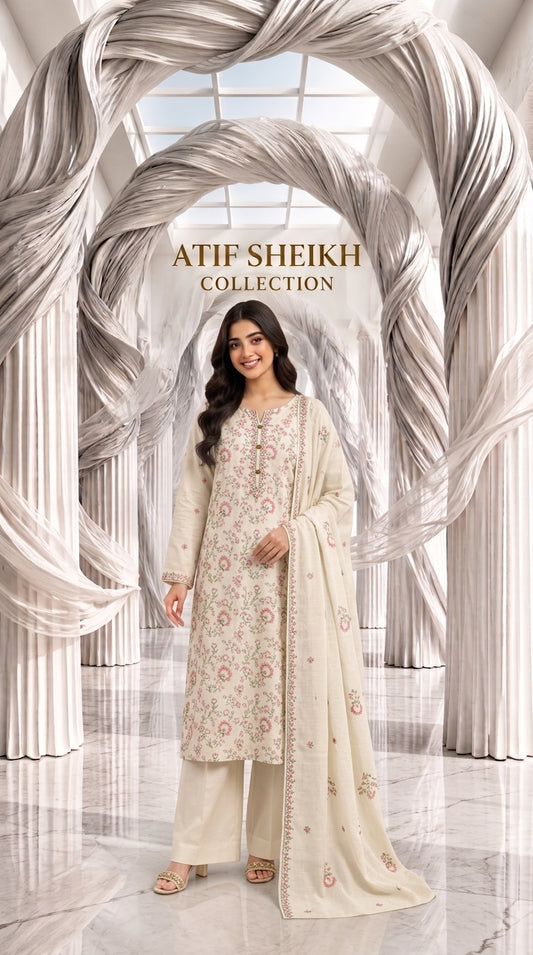 Karandi khaddar embroidered stiched long shirt trouser 3pc opech