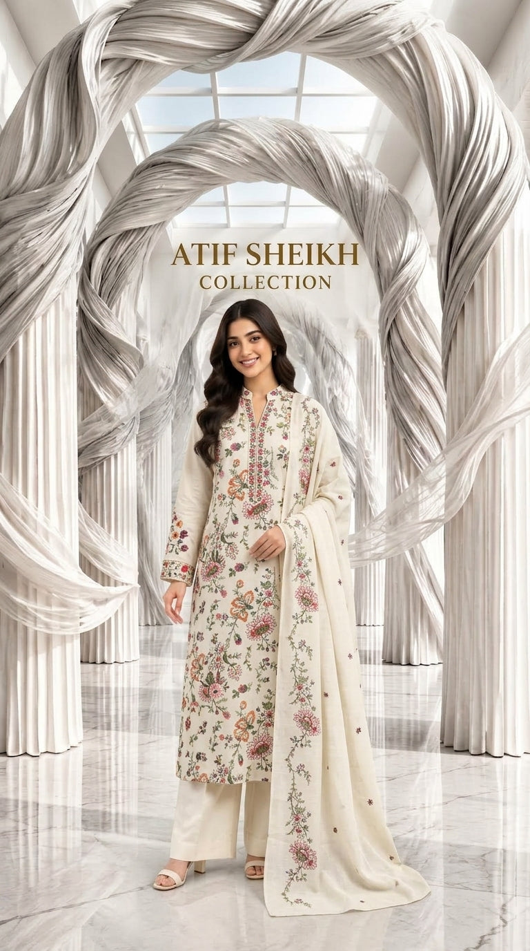 Karandi khaddar embroidered stiched long shirt trouser 3pc oflr