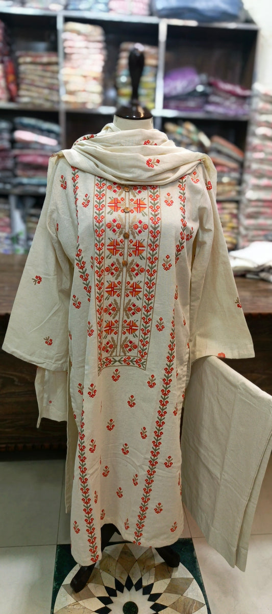 Karandi khaddar embroidered stiched 3 pc