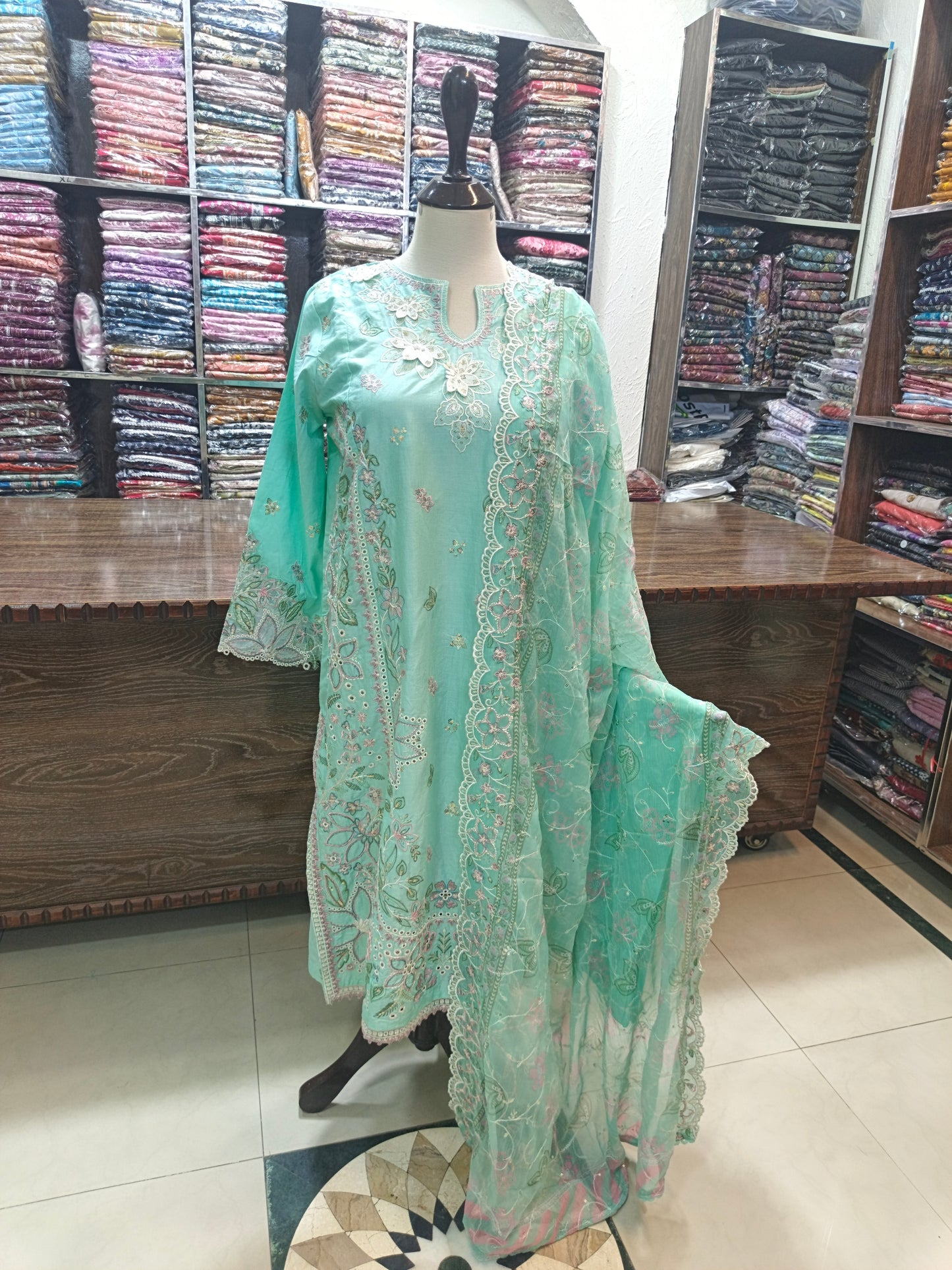Binsaeed luxury embroidered lawn stiched 3pc aqua