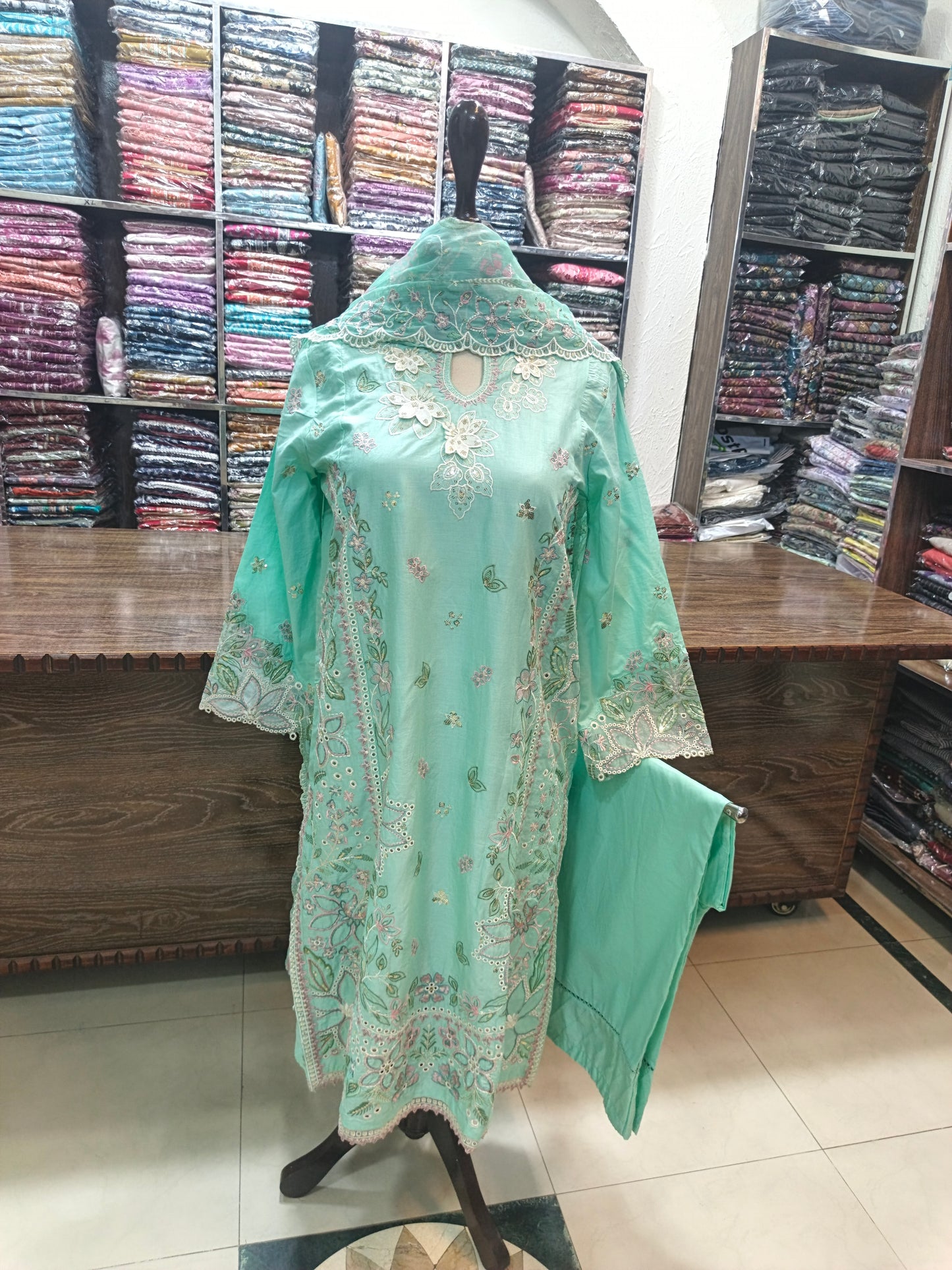 Binsaeed luxury embroidered lawn stiched 3pc aqua
