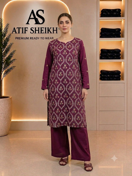 Karandi embroidered stiched long shirt trouser 2pc mrnsqr2