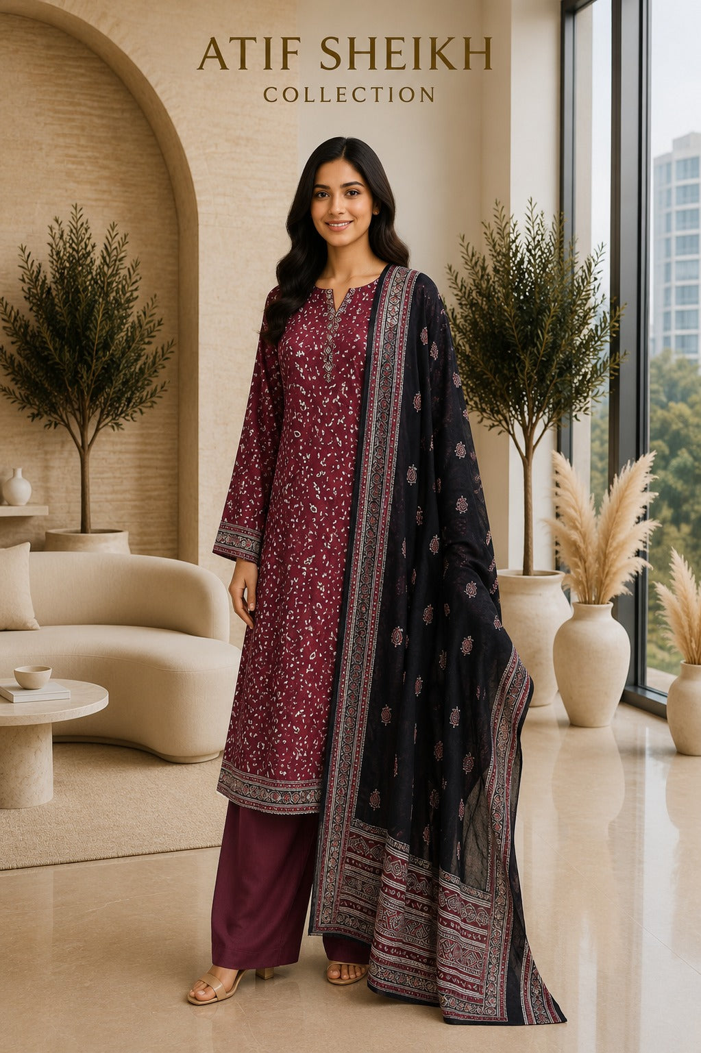 Binsaeed premium lawn stiched shalwar kameez 3 pc mrn