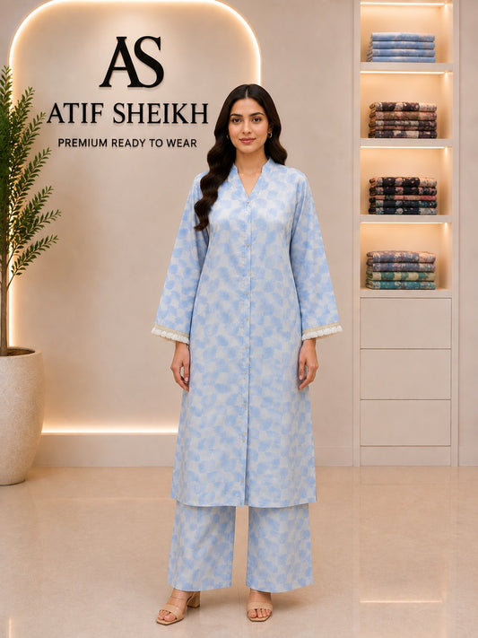 Linen self printed Long A line cut shirt trouser stiched 2pc ice