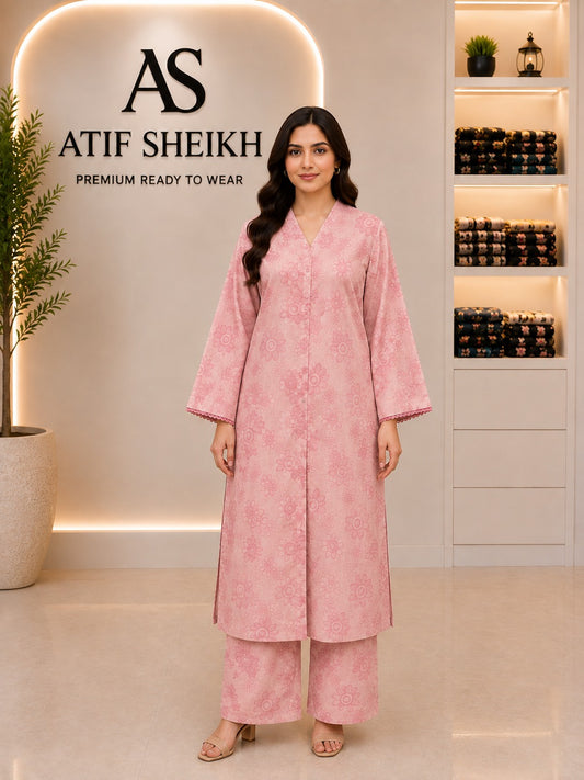Linen self printed Long A line cut shirt trouser stitched 2pc pink