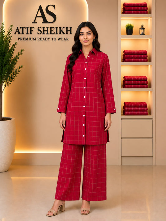 Winter cotton short co ord set stiched 2 pc redchk