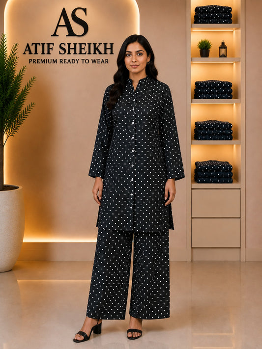 Winter cotton polka dot short co ord set 2 pc blk