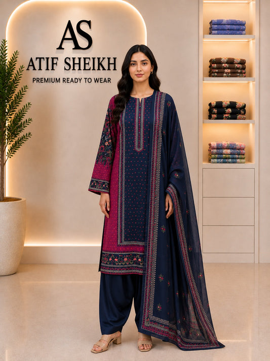 Binsaeed premium lawn stiched shalwar kameez 3 pc nvyplum