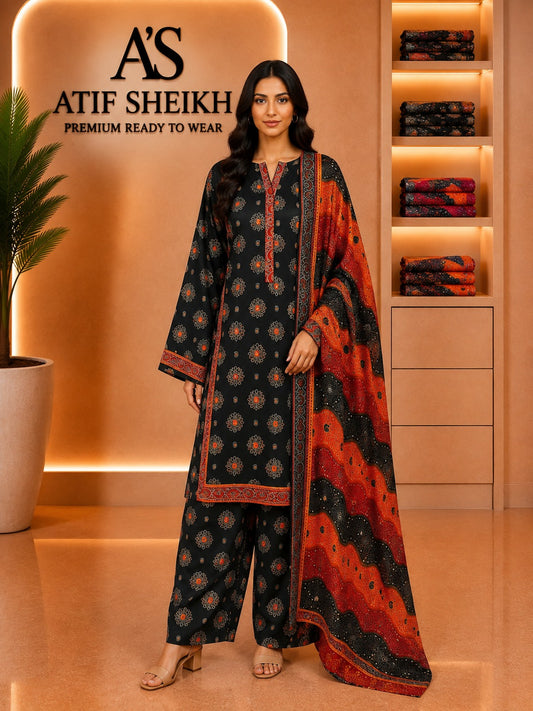Binsaeed premium lawn stiched shirt trouser 3 pc blkorg