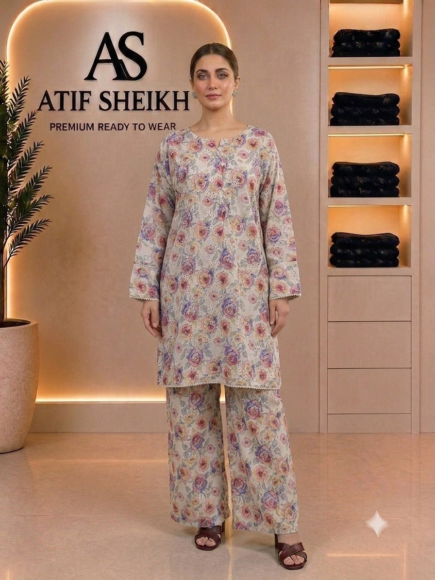Lawn embroidered stiched short co ord set 2 pc chikn