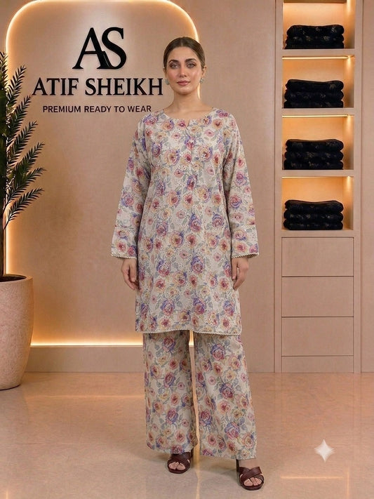 Lawn embroidered stiched short co ord set 2 pc chikn