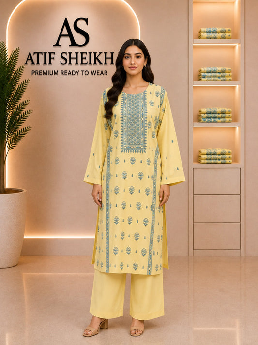 Breeze embroidered lawn stiched long shirt trouser 2pc yelG