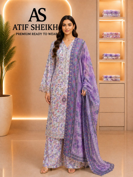 Binsaeed luxury embroidered lawn 3 pc lilac