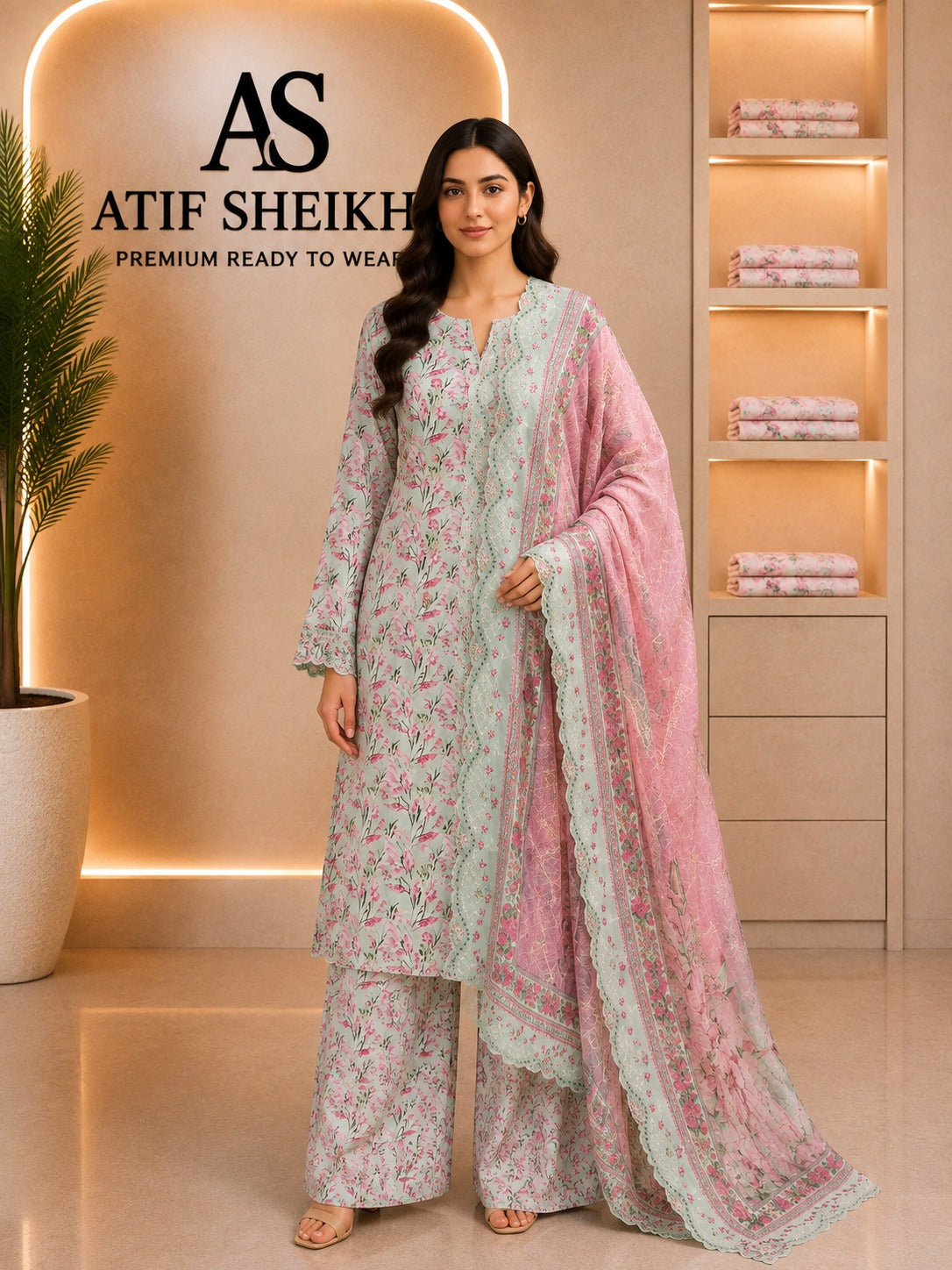 Binsaeed luxury embroidered stiched shirt trouser 3pc pista