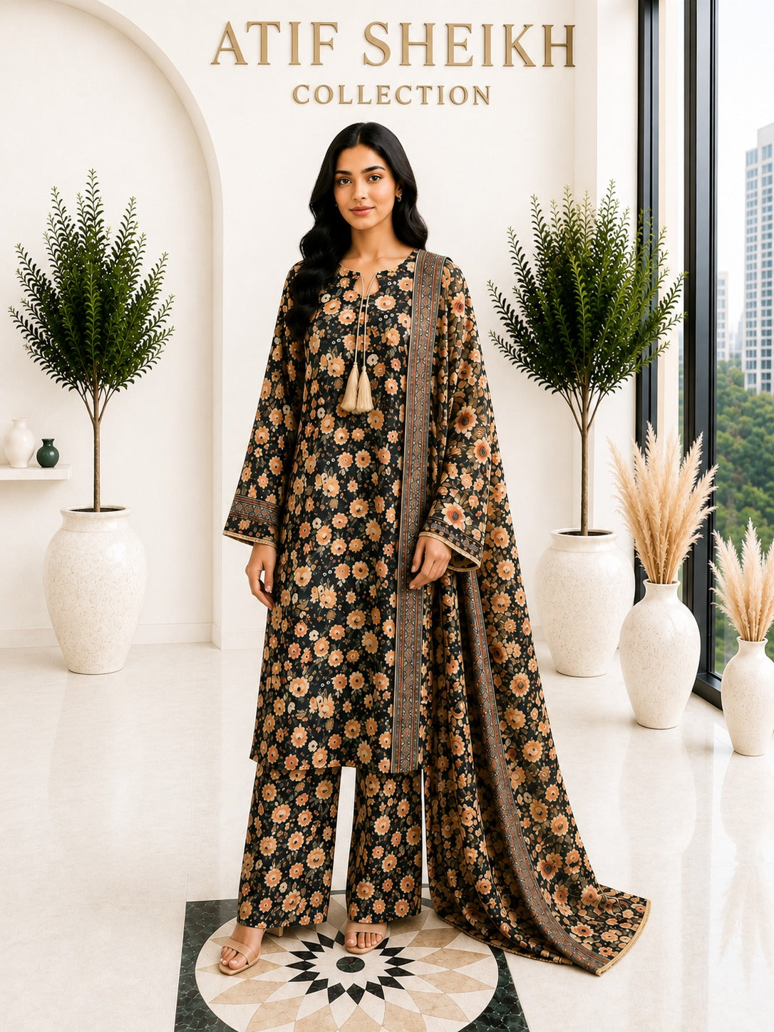 Bin saeed lawn stiched long shirt trouser 3 pc blkflr