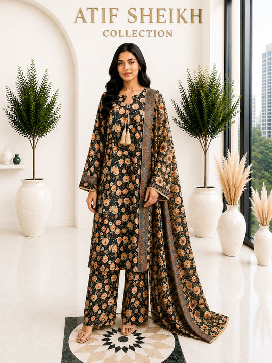 Bin saeed lawn stiched long shirt trouser 3 pc blkflr