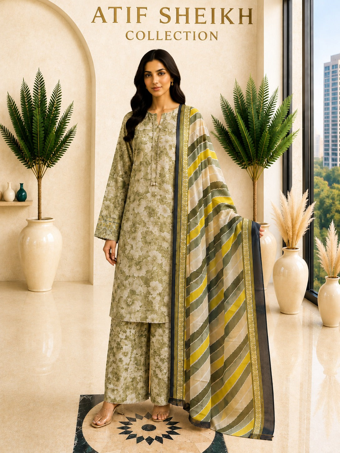Safina premium lawn stiched shirt trouser 3pc pststrp