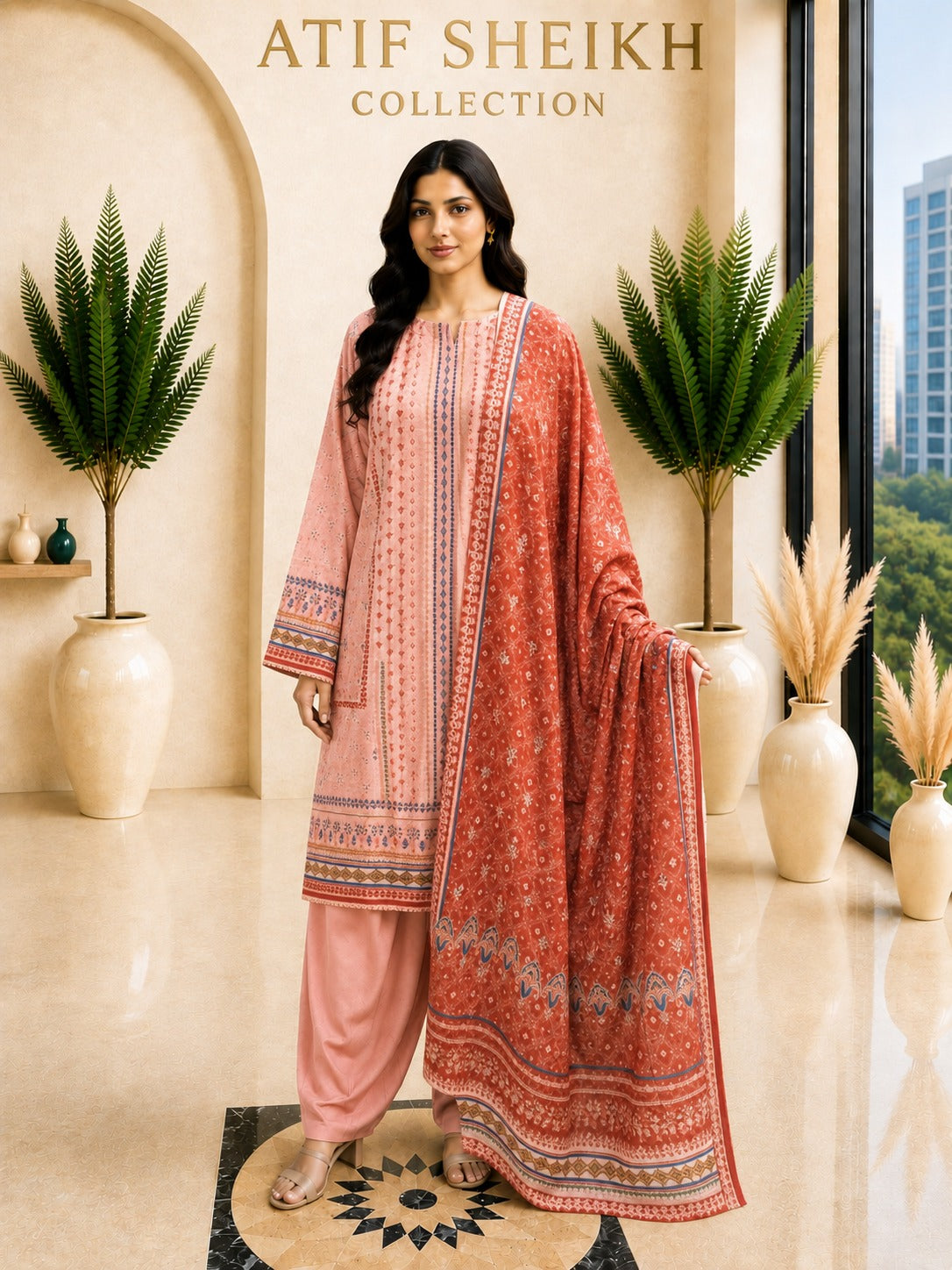 Binsaeed premium lawn stiched shirt trouser 3pc pchred
