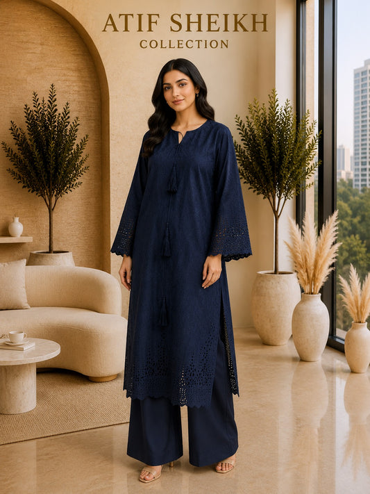 Lawn chikenkari embroidered stiched 2pc nvy