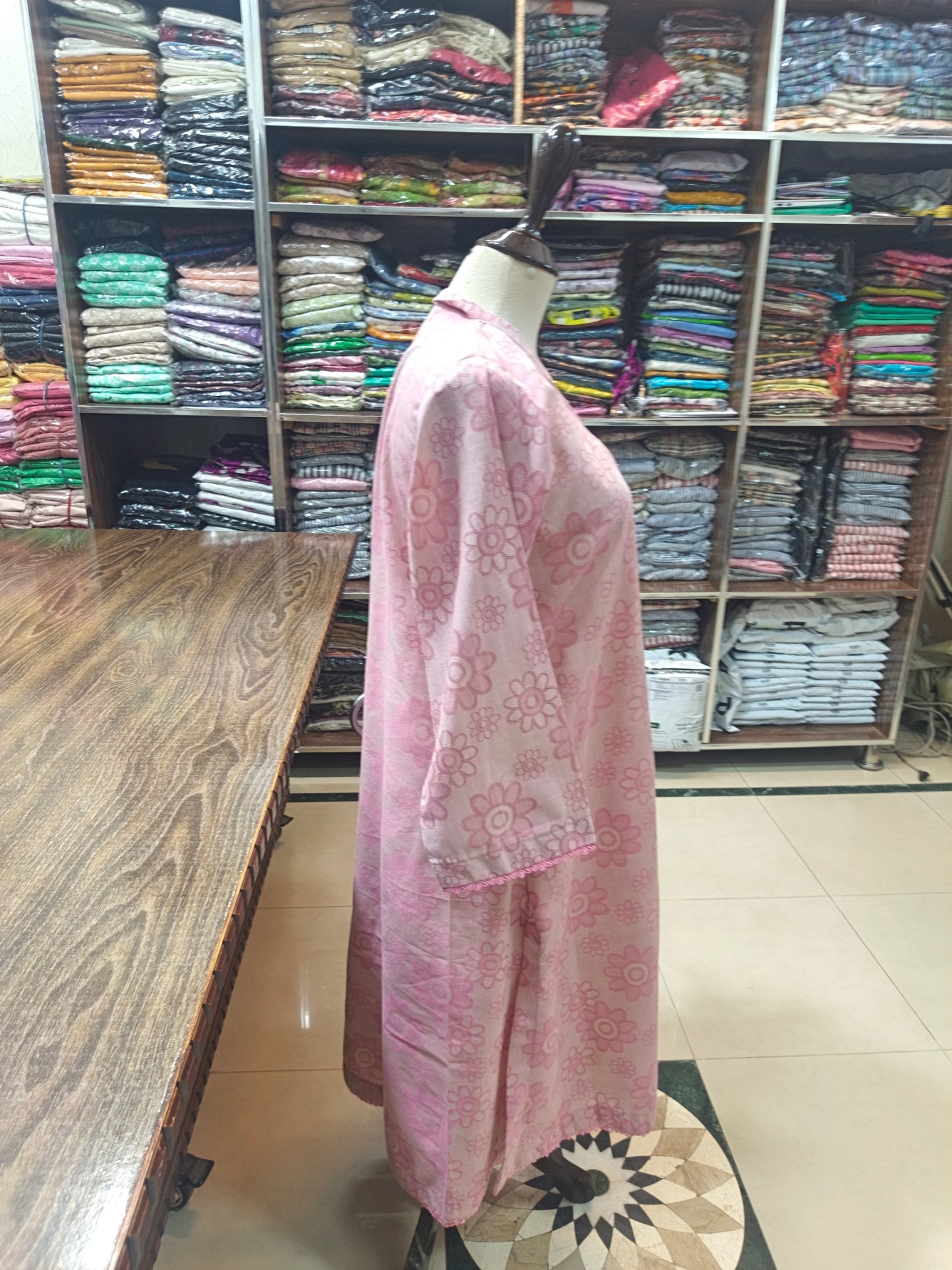 self jacuard Long A line cut shirt trouser stiched 2pc pnk