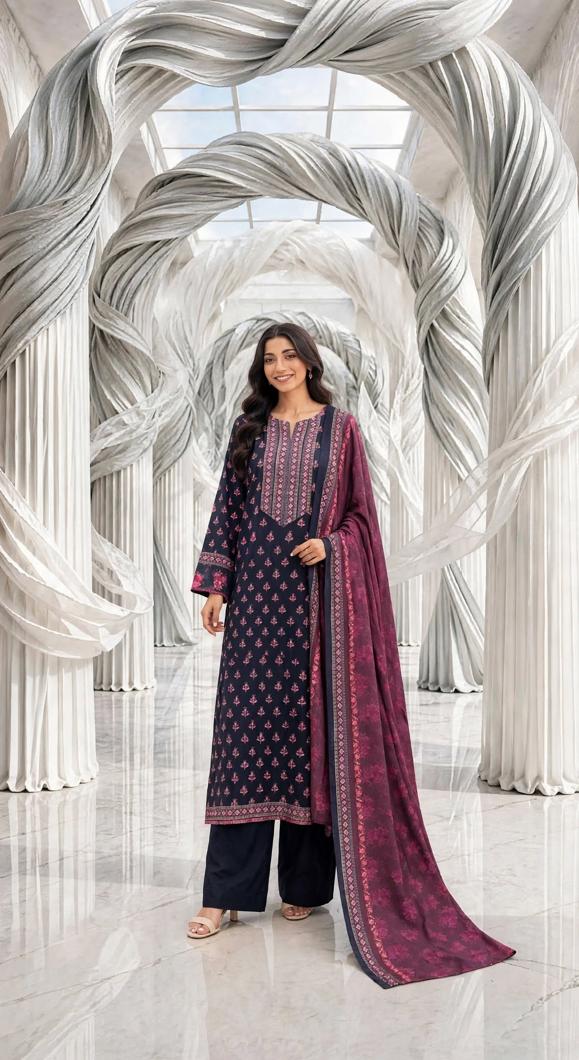 Binsaeed khaddar stiched shalwar kameez 3 pc bluflora